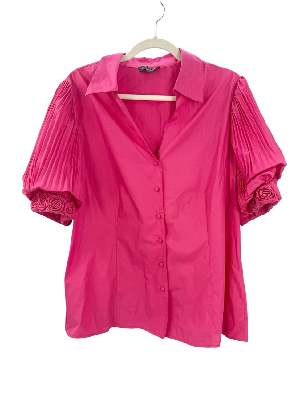 Go Silk Pink Rosette Puff Sleeve Blouse XL Pleated V neck Collared Button Front
